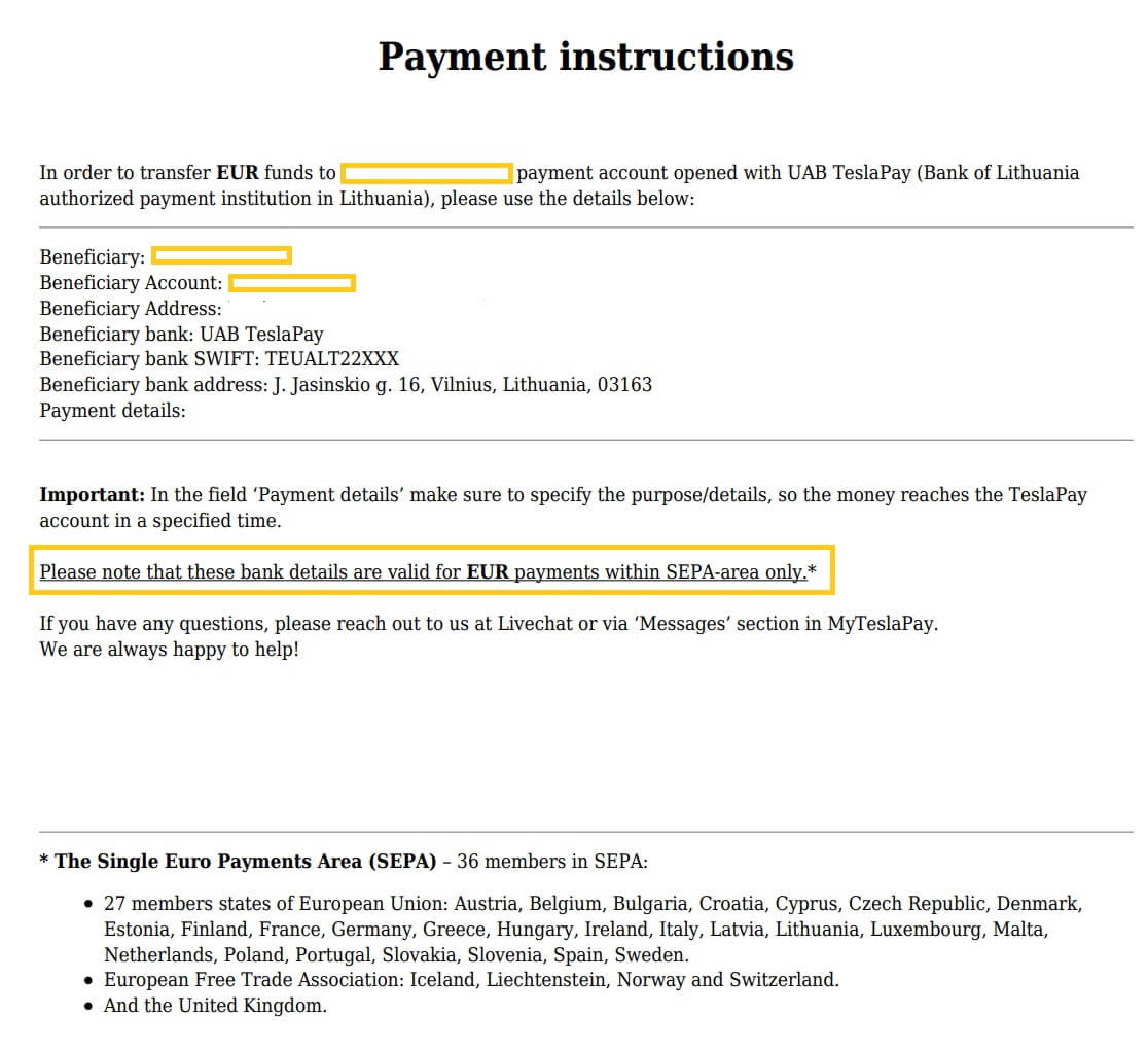 Payment instructions